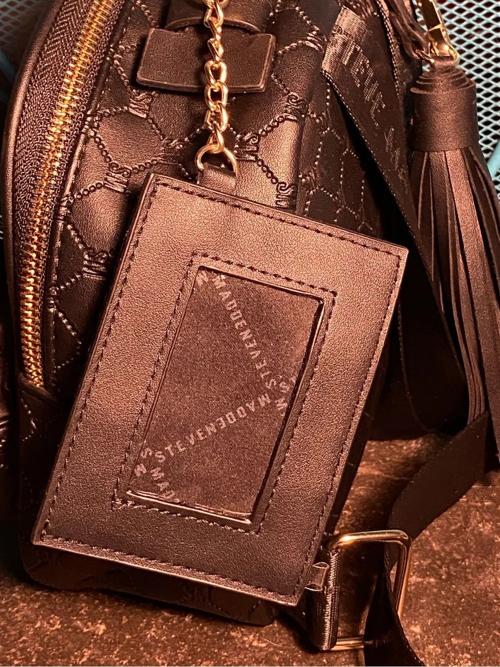 NWOT Steve Madden small backpack,tassel logo keychain,credit card wallet,black